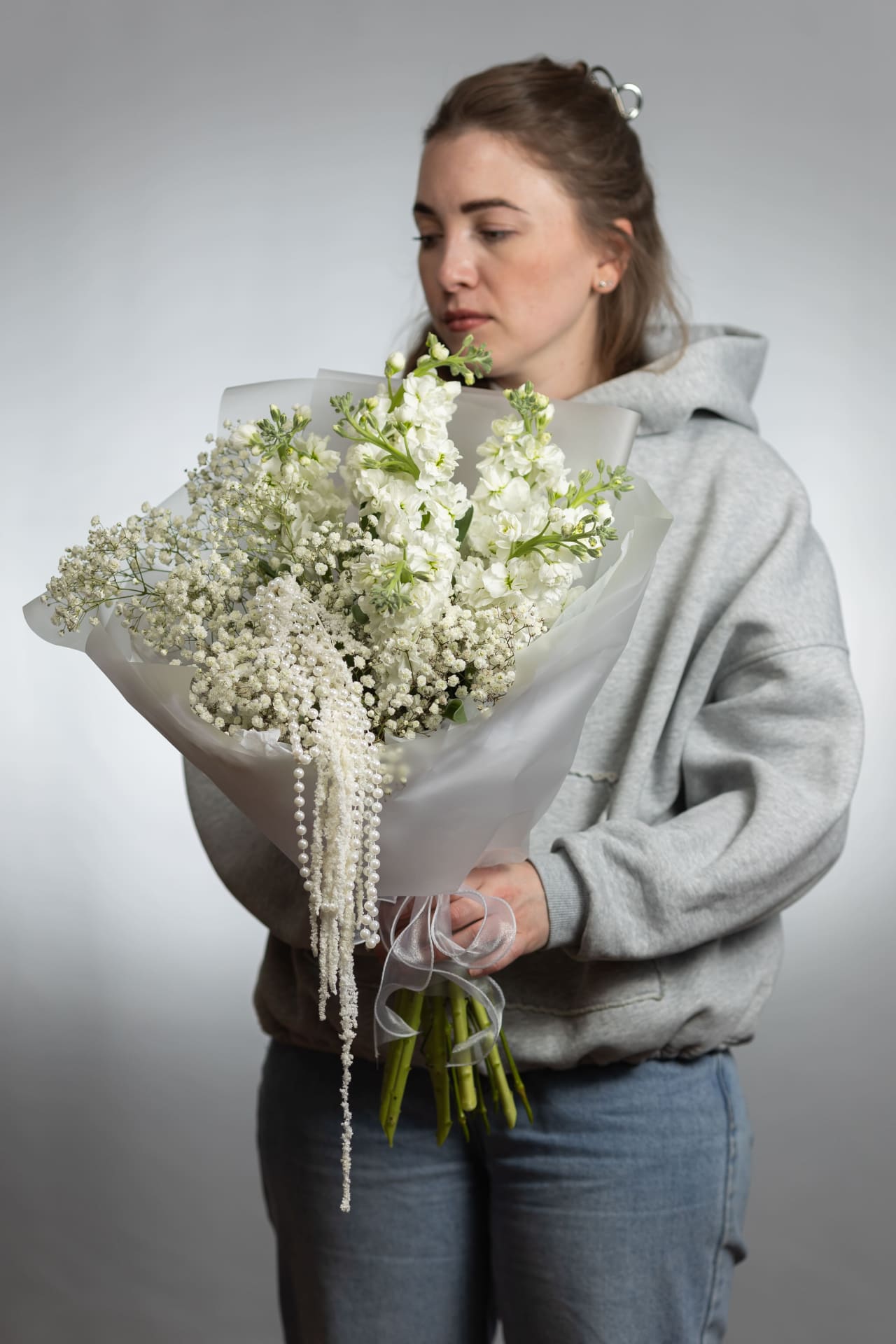 Дуо букет маттиола и гипсофила