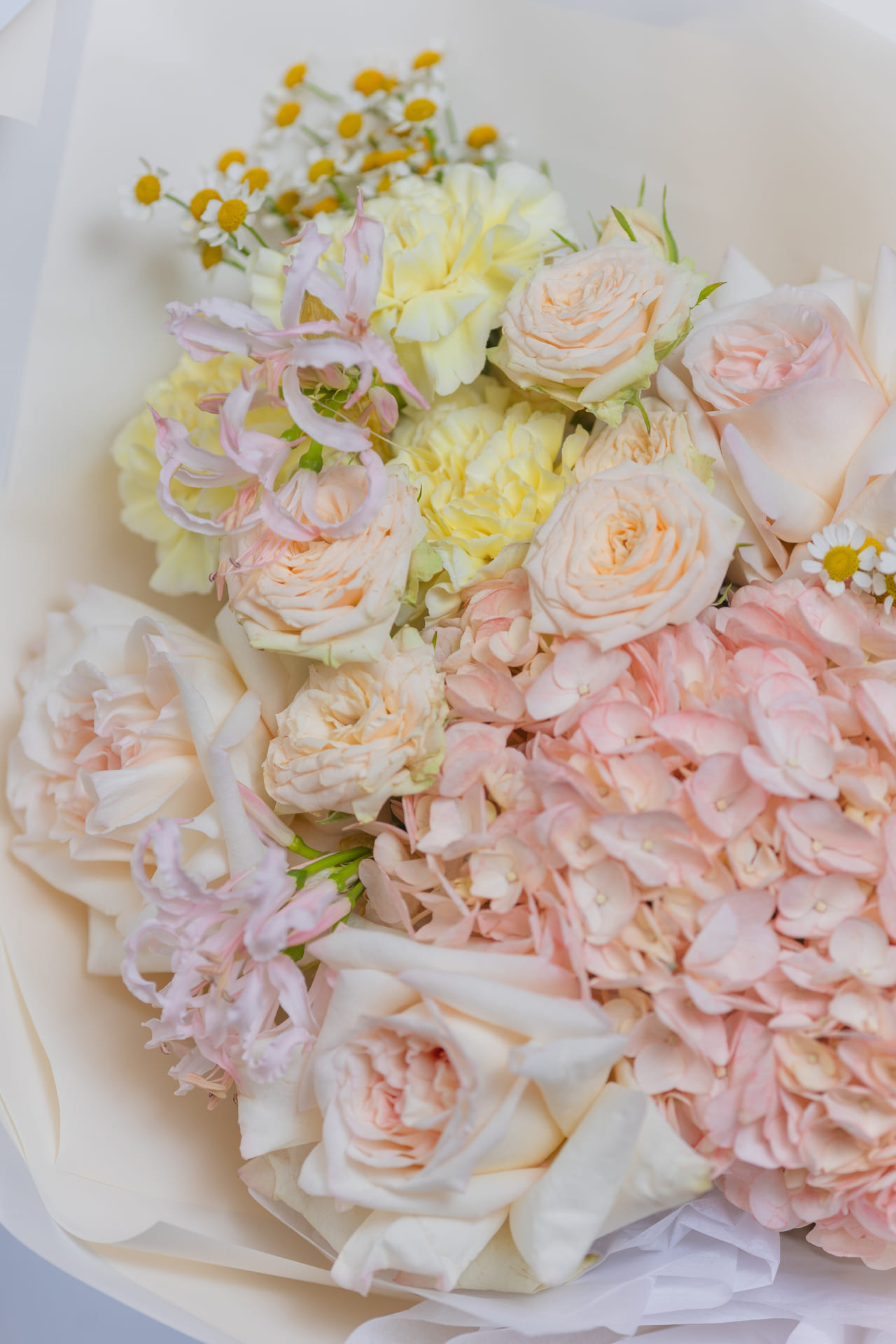 Сборный букет с гортензией и матрикарией